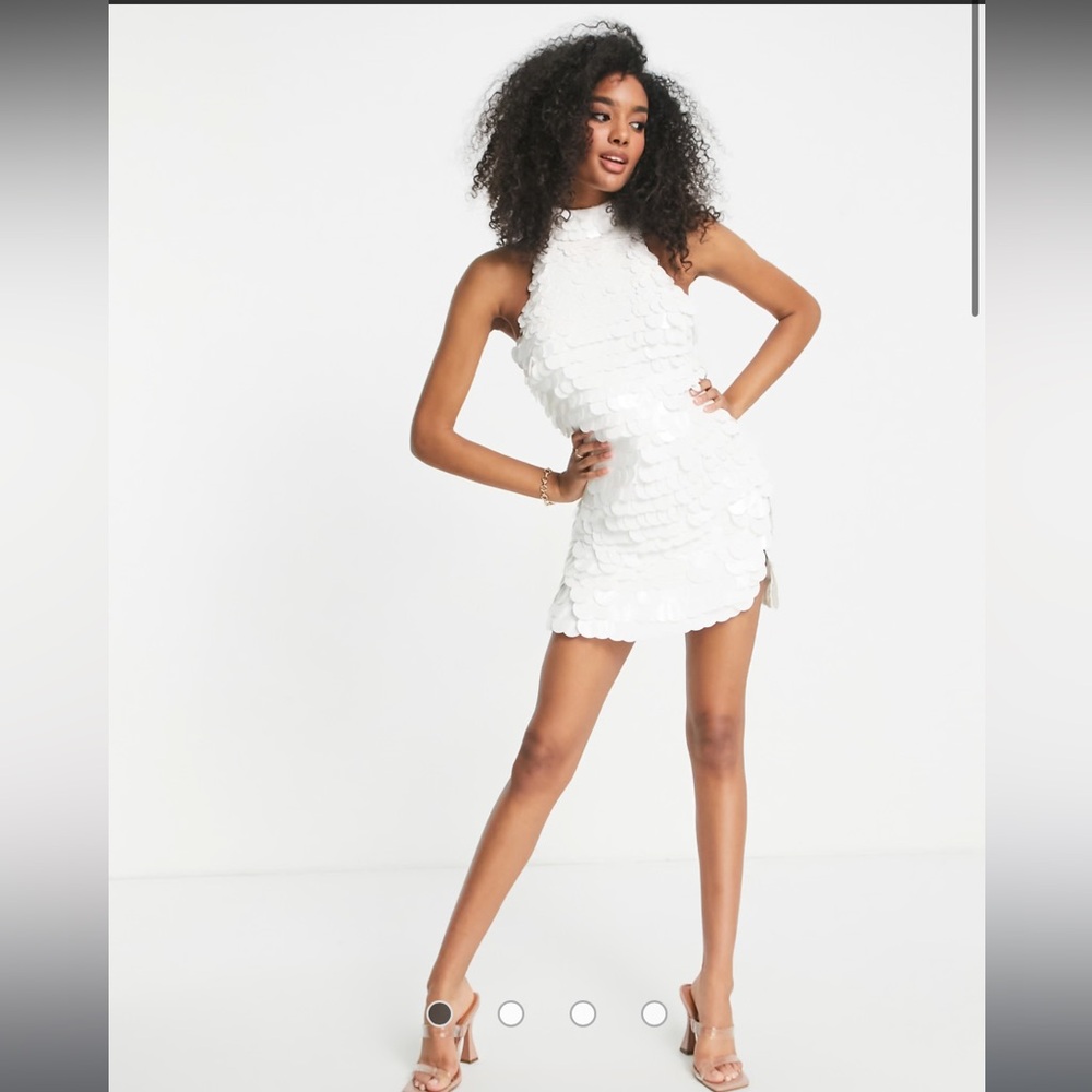 ASOS DESIGN disc sequin halter mini dress in white